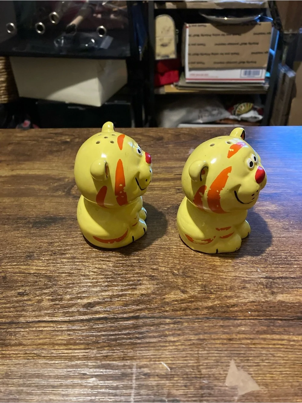 Whimsical yellow w/orange ceramic cat salt & pepper shakers